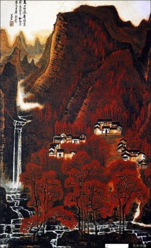 traditional Painting - Li keran red mountain traditional Chinese